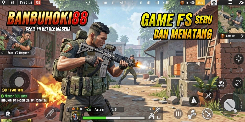 Gambaran gameplay menegangkan dalam BANBUHOKI88 dengan aksi FPS yang intens.