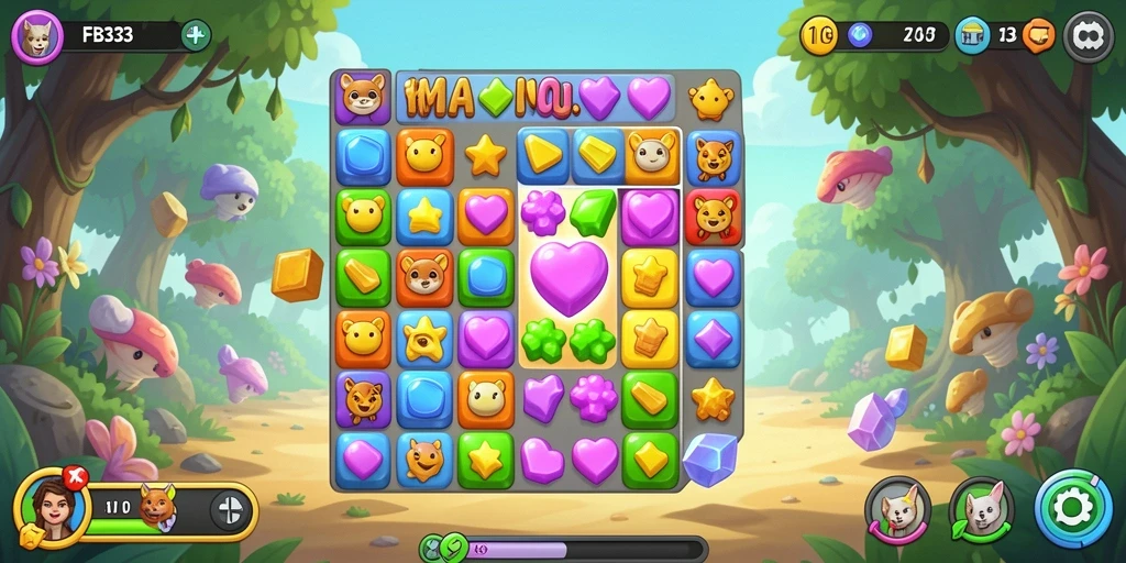 Tampilan gameplay FB333 yang penuh warna dalam genre Match-3.