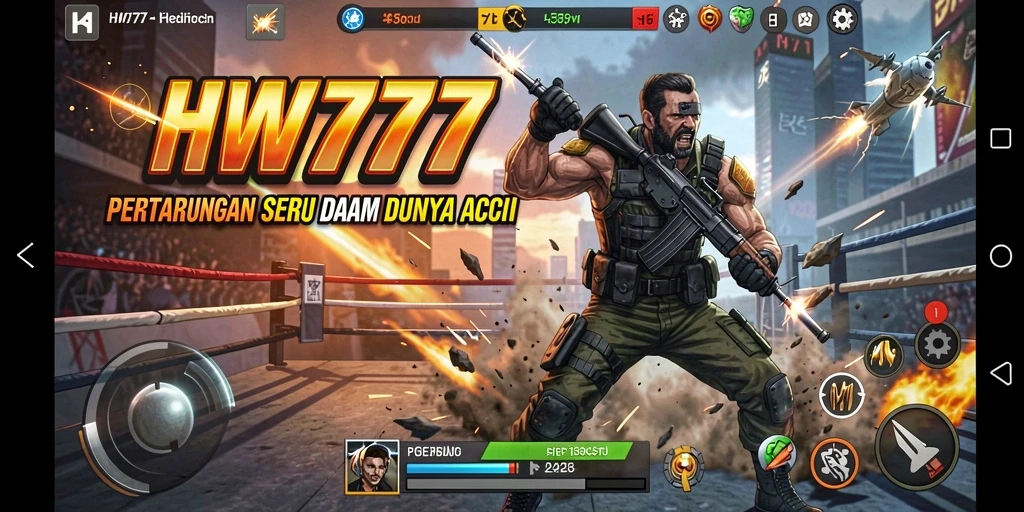 Screenshot utama menunjukkan aksi intens dan grafis memukau dari HW777.