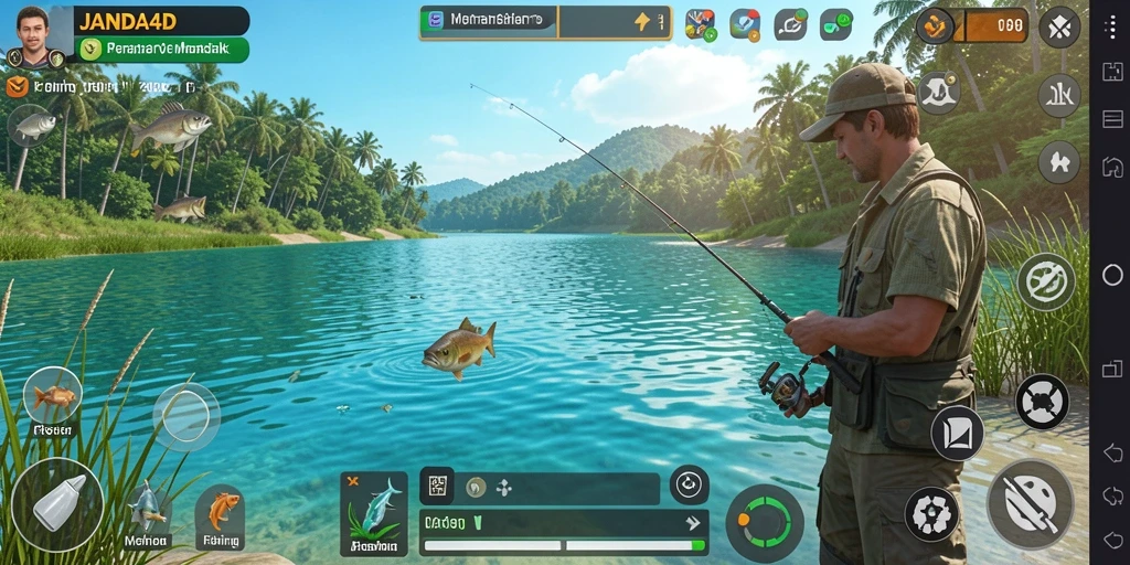 Screenshot menunjukkan gameplay seru saat menangkap ikan di JANDA4D.