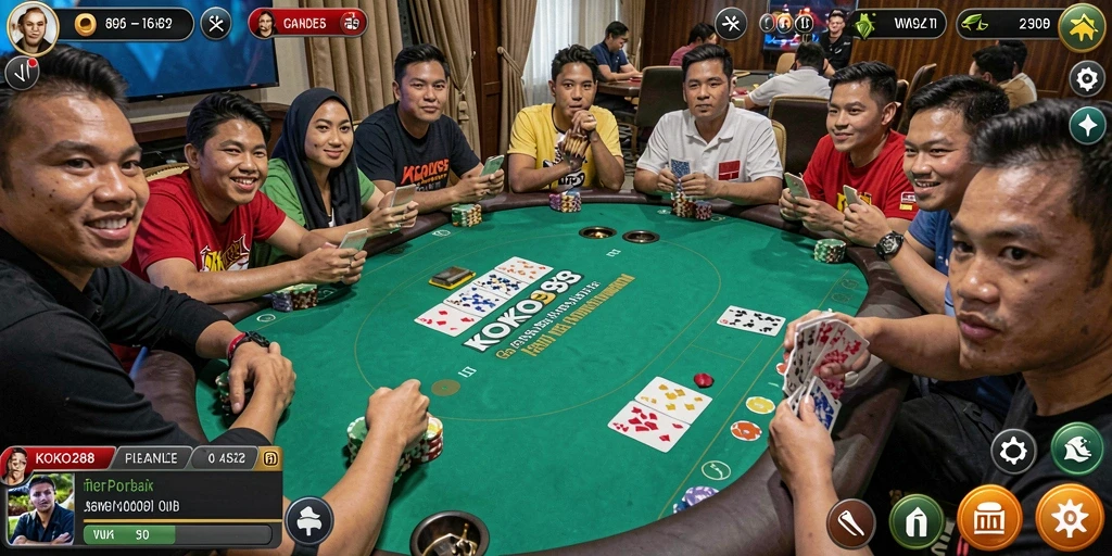 Screenshot KOKO288 menunjukkan aksi seru permainan Poker yang melibatkan banyak pemain.