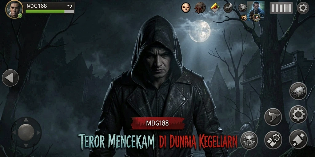 Tampilan gameplay menegangkan MDG188 dengan suasana horor yang mencekam.