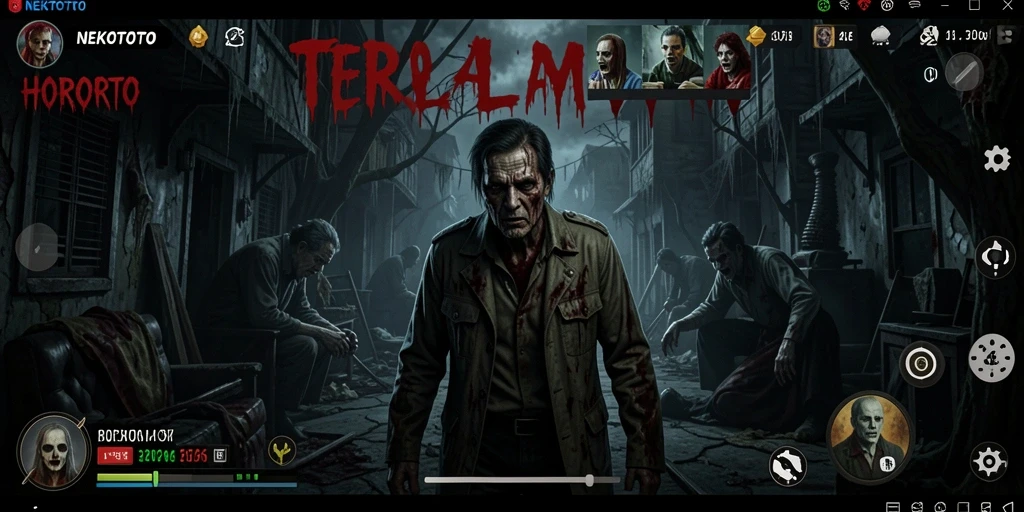 Screenshot gameplay NEKOTOTO dengan suasana horor yang kuat.